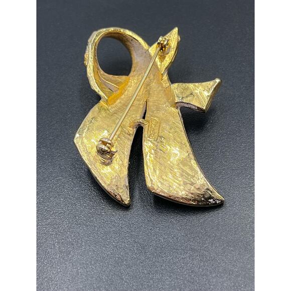 BSK Vintage Gold Tone Orange Yellow Enameled Flower Rhinestone Encrusted Brooch - Picture 7 of 13